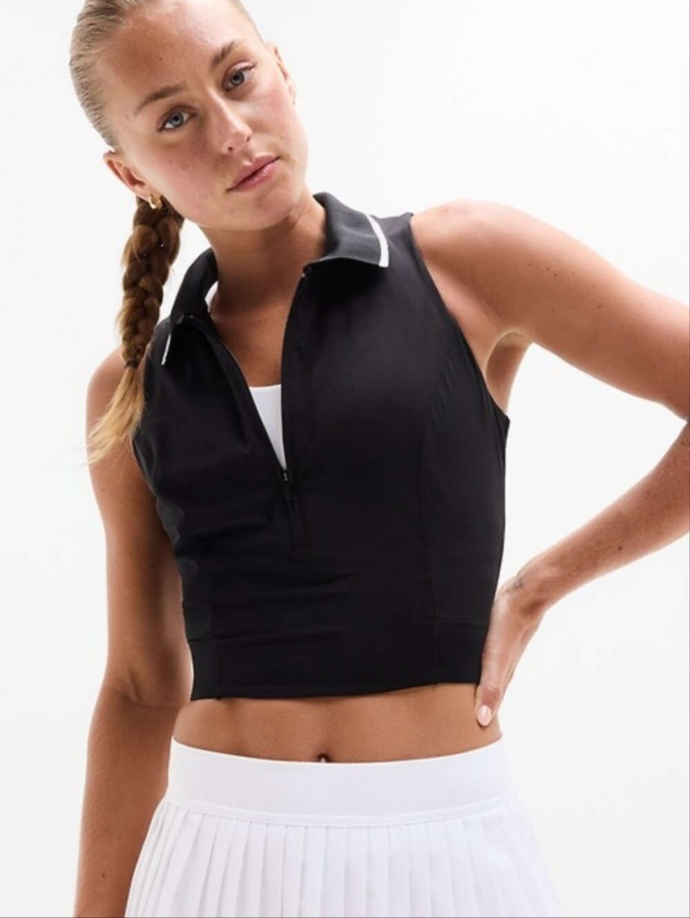 Athleta Power Selve Black Sleeveless Polo Tank with White Collar Trim